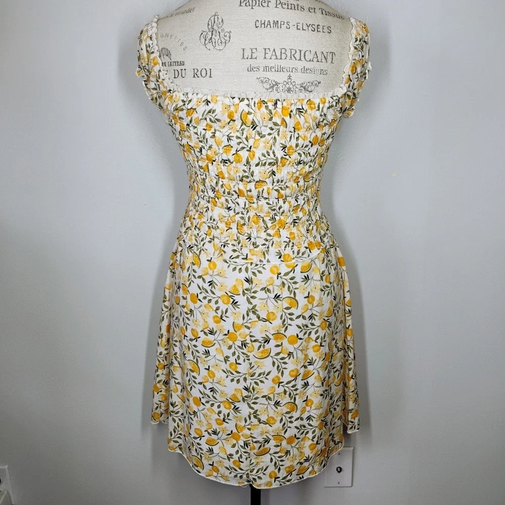 Kirious Los Angeles Mini Dress Womens Small Fruit Print Linen Blend Smocked Cute